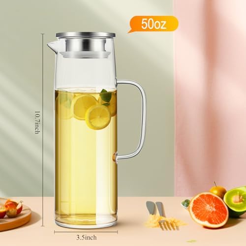 Hsei 2 Sets Glass Pitcher with Lid Water Carafe,1.5L