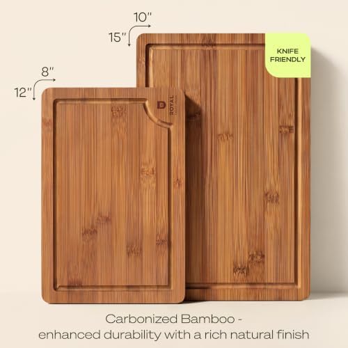 ROYAL CRAFT WOOD Wooden Cutting Boards for Kitchen Meal Prep & Serving - Bamboo Non Toxic Cutting Board Set with Deep Juice Groove Side Handles - Charcuterie & Chopping Butcher Block for Meat (2 Pcs)