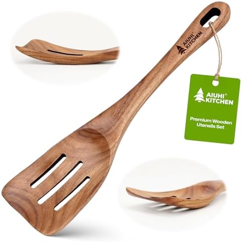 AIUHI Wooden Slotted Spatula for Cooking, Non Toxic Teak Wood Spatula Turner, Slotted Spatula for Cooking with Thick Handle, Comfortable Grip, Heat Resistant and Non Stick