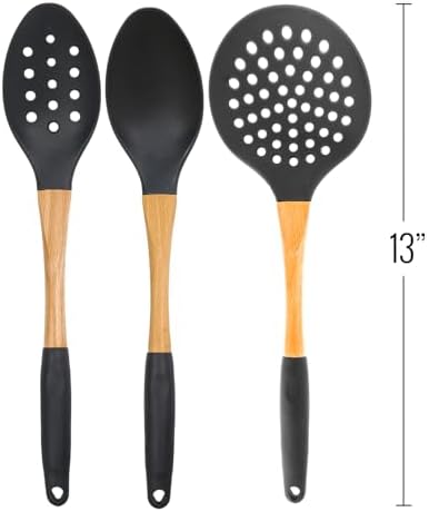 Beille 3pc Grey Nylon Cooking Spoons Kitchen Utensils Set with Wooden Handle High Heat Resistance