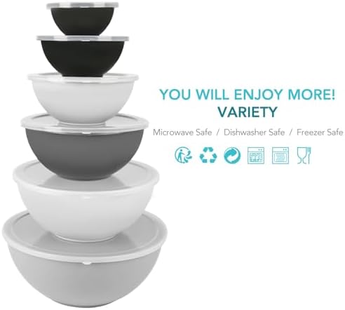 BoxedHome BPA Free Plastic Round Mixing Bowl with Lids, 12 Pack Nesting Bowls with Lids Set, Microwave and Dishwasher Safe Prep & Serving Bowls Great for Mixing, Baking, Serving (Grey, 12pcs)