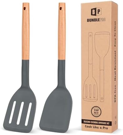 BUNDLEPRO Silicone Spatula, Solid & Slotted Turner, BPA-Free, 2 Pack, Gray