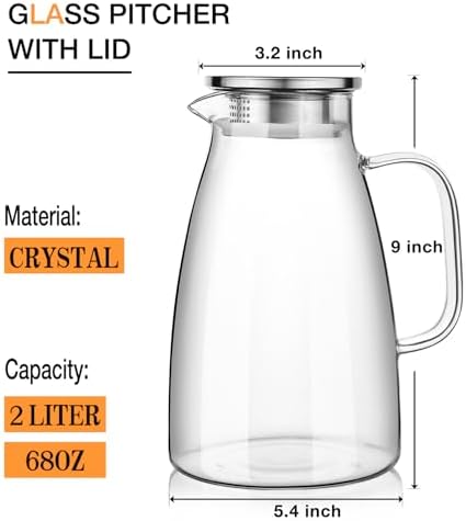 68oz Glass Pitcher with Lid, Borosilicate Pitcher with Handle and Spout