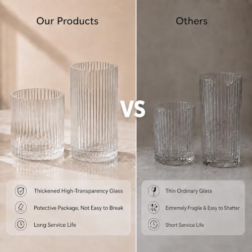 Ribbed Drinking Glasses 12pcs, 12oz and 10oz Glassware, Tumbler Glasses Cup Set for Wedding, Party, Christmas Gift, Clear