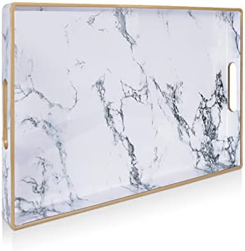 Gifturbo White Serving Tray, Marble Serving Trays with Handles,Rectangular Coffee Table Ottoman Tray Decorative Plastic Tray with Gold Rim for Living Room, Bathroom,Decor,15.7 x 10.2 x1.37 inches