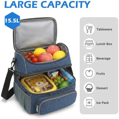 FlowFly Double Layer Cooler Insulated Lunch Bag Adult Lunch Box Large Tote Bag for Men, Women, With Adjustable Strap,Front Pocket and Dual Large Mesh Side Pockets