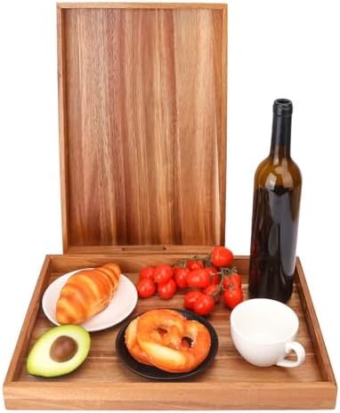 2 PCS Acacia Wood Serving Tray with Handles - 17 x 11.5 Inch Elegant Rectangle Wooden Tray for Food, Decorative Snack Tray, Breakfast and Kitchen Tray, Ideal Wooden Serving Platter for Homes