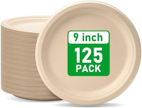 RACETOP Compostable Paper Plates 9 Inch [125 Pack]