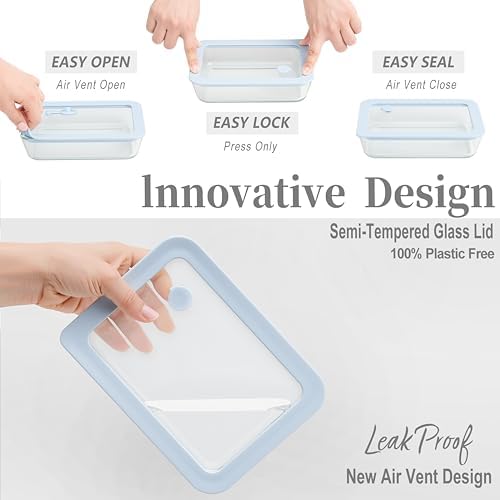 Urban Green Glass Food Container Set with Silicone Glass Lid, Square Shape, 4 Pack, Airtight, LeakProof, 100% Plastic Free, Meal Prep Food Storage Containers, Blue Color