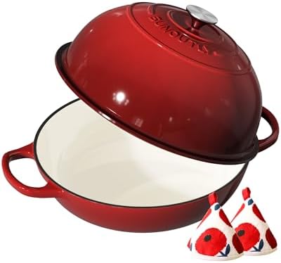 Enameled Cast Iron Bread Oven, 6QT Cast Iron Dutch Oven for Homemade Sourdough Bread Baking, Round Bread Pot with Dome Lid & Cotton Potholders, Cherry Red