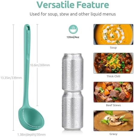 13 inch Silicone Soup Ladle: U-Taste 600ºF Heat Resistant 4 oz Large Non-stick Seamless Rubber Kitchen Deep Serving Spoon with Non-slip Solid Long Handle for Cooking Sauce/Stews/Gravies (Aqua Sky)