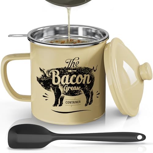 PGYARD Bacon Grease Container with Strainer-46OZ Enamel Keeper with Spatula