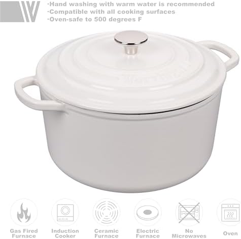 VORRINGARD Enameled Cast Iron Dutch Oven Pot with Lid, for Sourdough Bread Baking, Round Dutch Ovens, 6 Quart, White