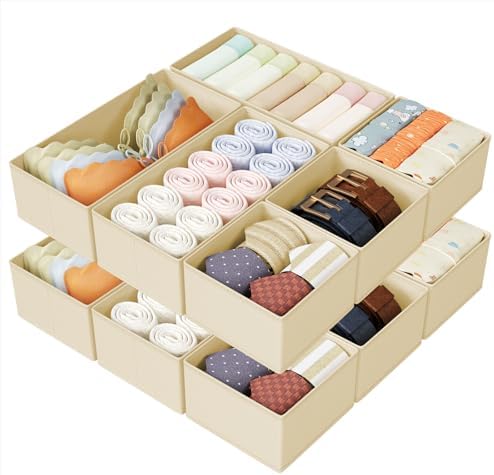 DIMJ Drawer Organizers Clothes, Set of 14 Dresser Organizer Bins, Fabric Closet Organizers and Storage, Shallow Drawer Dividers for Nursery, Clothing, Baby Clothes, Socks, Underwears, Tie (Beige)