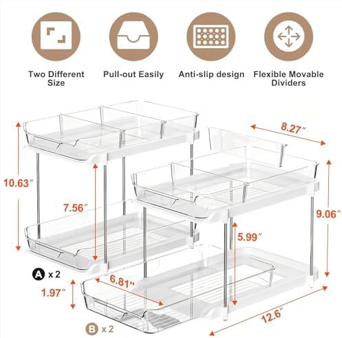 Delamu 2-Tier Multi-Purpose Bathroom Under Sink Organizers and Storage, Stackable Kitchen Pantry Organization, Pull Out Medicine Cabinet Organizer with Movable Dividers, White, 4Pack