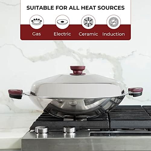 BUFFALO Stainless Steel Wok Pan with Lid Round Bottom 14 inch (35cm) Stir Frying Pan Tri-Ply Nonstick Cookware - Double Handle Cooking Pot for Induction/Electric/Gas Stoves