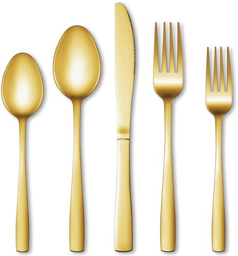 40 Pcs Gold Silverware Set, Stainless Steel Flatware Set for 8, Food-Grade Cutlery Set, Mirror Polished Tableware Eating Utensils Set for Home Kitchen, Include Knife Fork Spoon Set, Dishwasher Safe