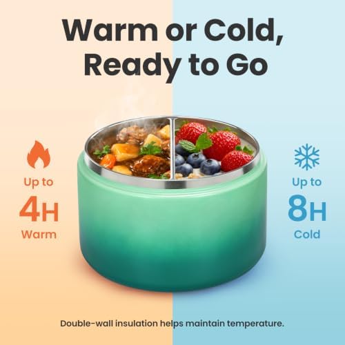 Pawtong 12oz Insulated Vacuum Food Jar with Buckle Lid Wide Mouth Soup Thermo for Hot Food Kids Leakproof Stainless Steel Lunch Container (Gradient Green, 12OZ)