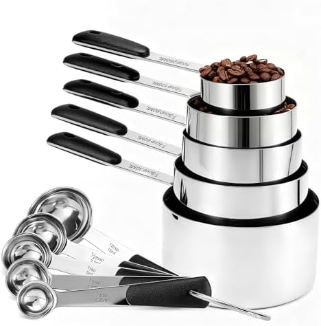 Bopei 10-Pcs Stainless Steel Measuring Cups & Spoons Set, Black Handles