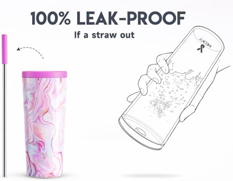 Meoky 24 oz Insulated Tumbler with Lid and Straw, Stainless Steel Vacuum Insulated Tumbler, Keeps Cold for 24 Hours, 100% Leak Proof, Fits in Car Cup Holder (Pearl)