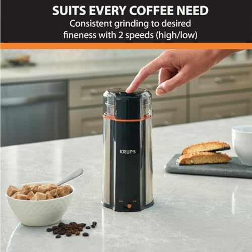 Krups, Coffee Grinder, Ultimate Silent Vortex Plastic and Stainless Steel Grinder with Removable Bowl Mess-Free, 8 Times Quieter, 2 Speeds 240 Watts, Dry Herbs, Dishwasher Safe, 12 cups ground Silver