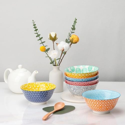 KitchenTour Ceramic Bowls Set - 20 oz Serving Bowls For Kitchen - Cereal, Ice Cream, Soup, Salad, Rice, Dessert Ceramic Bowls - Assorted Colorful Set of 6 - Microwave Dishwasher Safe - 6 Inch