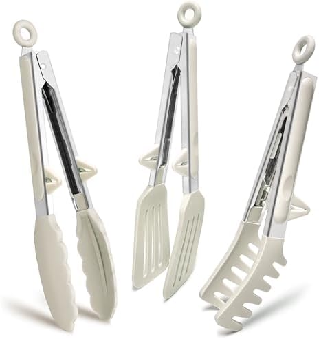 9" Kitchen Tongs for cooking with Silicone Tips, 3Pcs Serving Tongs, White