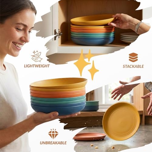 Homienly Deep Dessert Plates Unbreakable Wheat Straw Dinner Plates 8 PCS Microwave & Dishwasher Safe Plates Sets for Kitchen, Camping, Reusable Plastic Plates for Kids, Appetizer (Colorful, 8 inch)