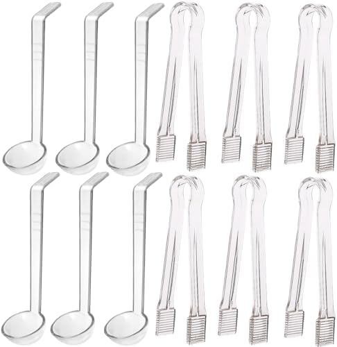 12 pieces 1 oz ladle Set Including 6 Pcs clear small gravy ladle and 6 Pcs Clear Plastic Tongs for Cocktail Whiskey Tea Party Candy Dessert Buffet