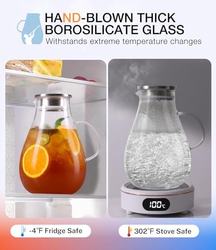 LUNA & MANTHA 1 Gallon Glass Pitcher with Lid, Borosilicate Large Pitcher
