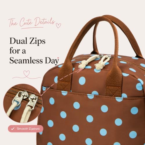 LOVELYWIND Lunch Box for Women,Insulated Lunch Bag Brown & Blue Polka Dots
