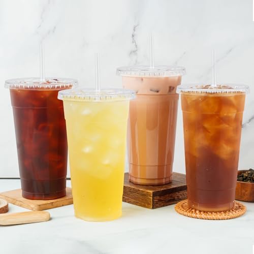 Lamosi 100 Pack 24 oz Plastic Coffee Cups with Lids, Disposable Clear Cups