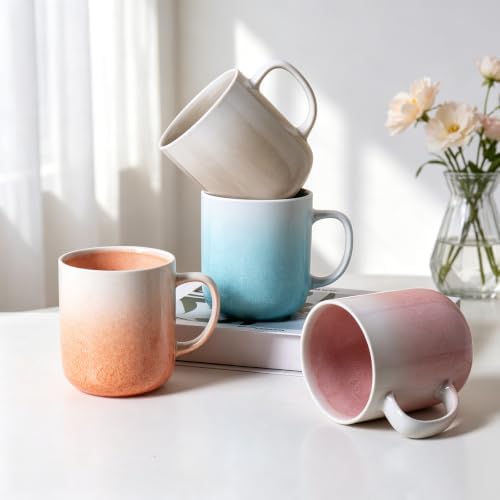 Stoneware Coffee Mugs Set of 4, 14oz Hand-Painted Coffee Cups with Handle