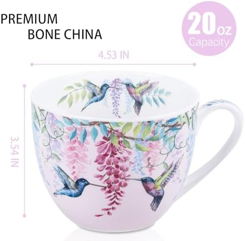 Spring Hummingbird Hug Mug - 20oz Pink Bone China Coffee Tea Mug with Floral Vine & Fluttering Hummingbirds, Thoughtful Gifts for Mom Women Mothers Day, Designed in England by Harvest Green Studio