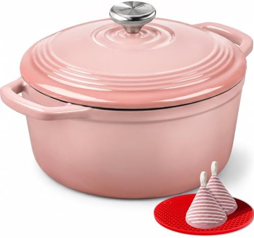 Overmont Enameled Cast Iron Dutch Oven - 5.5QT Pot with Lid Cookbook, Pink