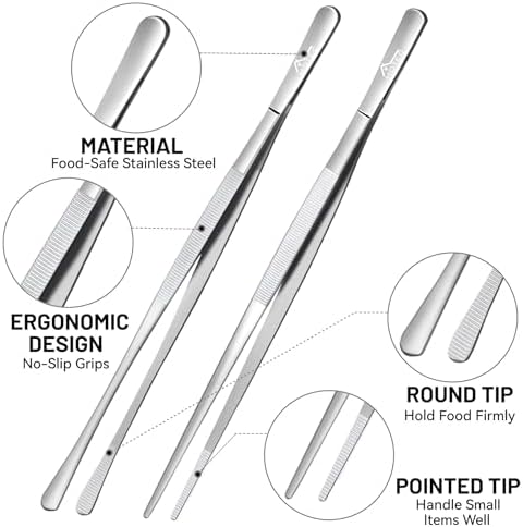 HOTEC Kitchen Tweezers Stainless Steel Cooking Tweezers 4 Pcs-10" and 12"