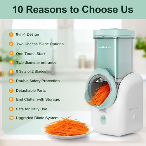 Upgraded 8-in-1 Electric Cheese Grater & Electric Cheese Shredder with 8 Interchangeable Blades for Cheese, Vegetables, Fruits and Nuts