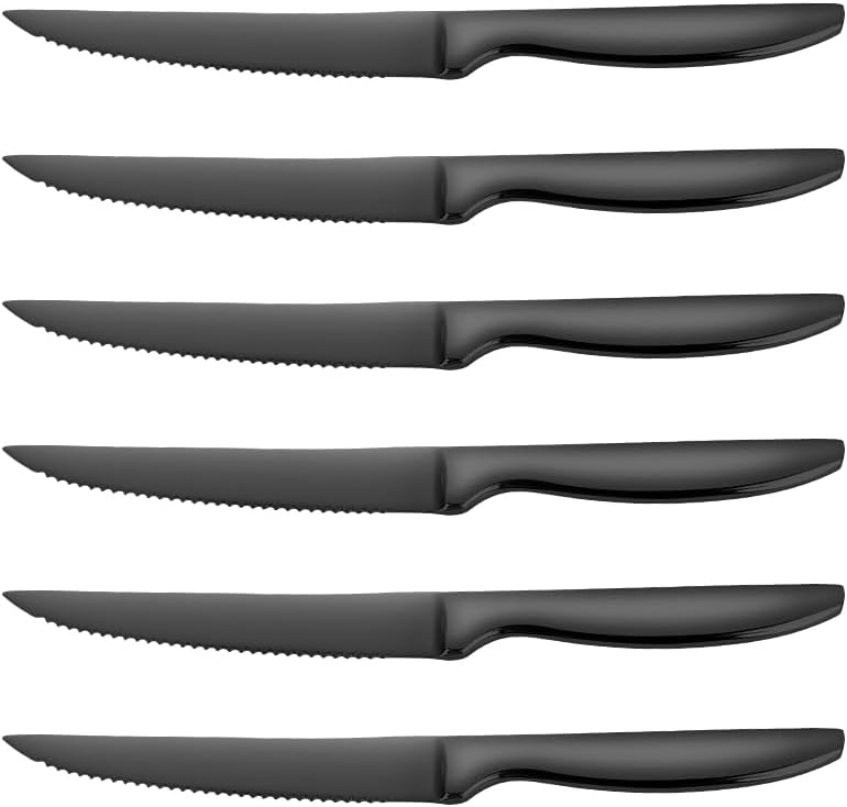 Black Steak Knives Set of 6, Stainless Steel Serrated Kitchen Steak Knives