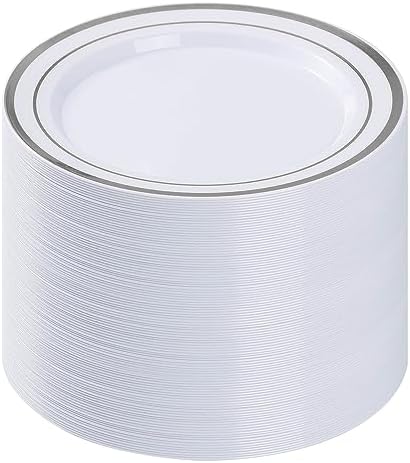 BESTVIP 100Pcs Silver Plastic Plates, 10.25 Inch Disposable Party Plates
