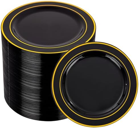 bUCLA 100PCS Black and Gold Plastic Plates - 6.25 inch Black Gold Premium Hard Disposable Dessert/Salad/Appetizer/Small Cake Plates for Party, Graduation & New year