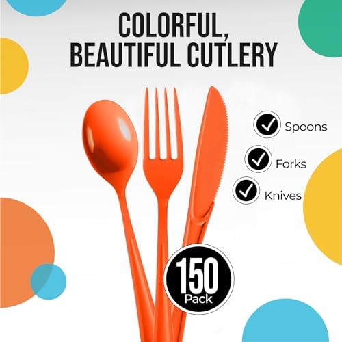 Party Solids Orange Plastic Silverware 150 Pcs Orange Cutlery Set