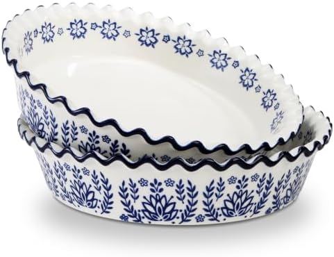 SOUJOY 2 Pack Ceramic Pie Pans for Baking, 10 Inch Pie Plates with Ruffled Edges, Deep Round Baking Dishes, Non-Stick Bakeware for Quiches Tarts Casseroles, Oven Microwave & Dishwasher Safe