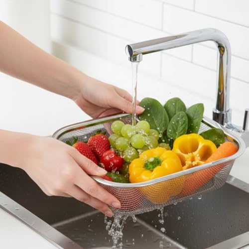 18/8 Stainless Steel Colander Strainer for Kitchen, Rectangular Colander for Pasta, Vegetables, Fruits, Rustproof & Dishwasher Safe (8.27 x 6.69 x 2.17 inch)