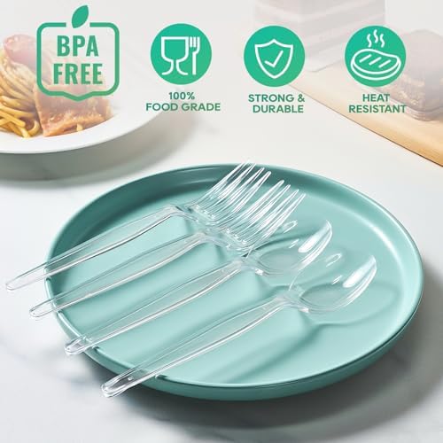 FOCUSLINE 540 Count Heavy Duty Clear Plastic Forks and Spoons Set