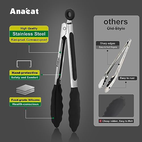 Anaeat Non-Stick Silicone Locking Tong Set of 3 - Stainless Steel 7", 9", 12" Kitchen Food Tongs with Non-Slip Silicone Tips and Grip for Cooking, Baking and BBQ - Heat Resistant up to 480°F (Black)