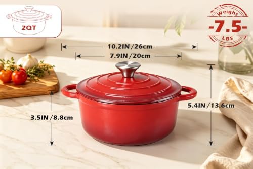 Leonyo 2-Quart Small Enameled Cast Iron Dutch Oven Pot with Lid, Red
