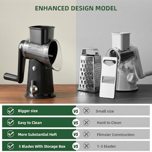 Rotary Cheese Grater with Handle - Vegetable Shredder with 5 Blades & Strong Suction Base, Round Slicer & Food Chopper for Kitchen (Black)