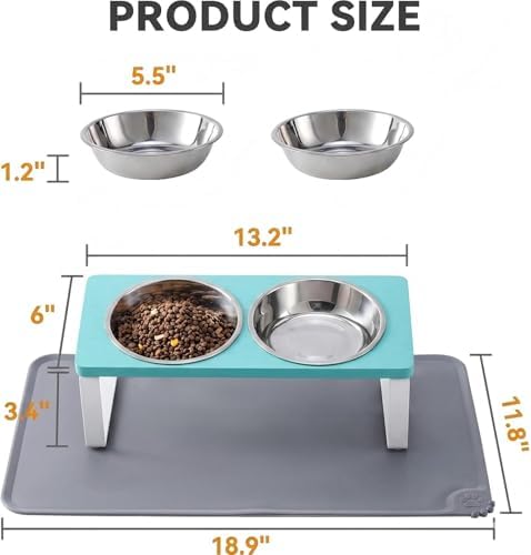 Summark Upgraded Elevated Cat Bowls with Food Mat,15°Tilted Stand Anti Vomiting Raised Cat Dishes for Food and Water,2 Stainless Steel Bowls for Cats and Puppy（Teal）