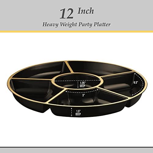 PLASTICPRO 6 Sectional Round Plastic Serving Tray/Platters Black & Gold Pack of 2