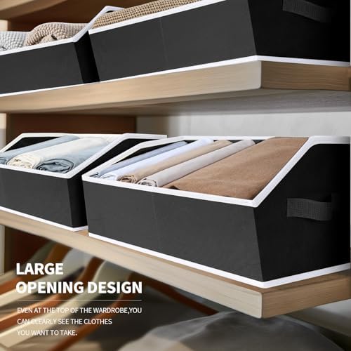 Homsorout Storage Bins for Shelves - Large Trapezoid Closet Shelf Organizer, Fabric Organization Bins with Handles, Storage Baskets for Clothes, Towel, Blanket, 6 Pack, Black
